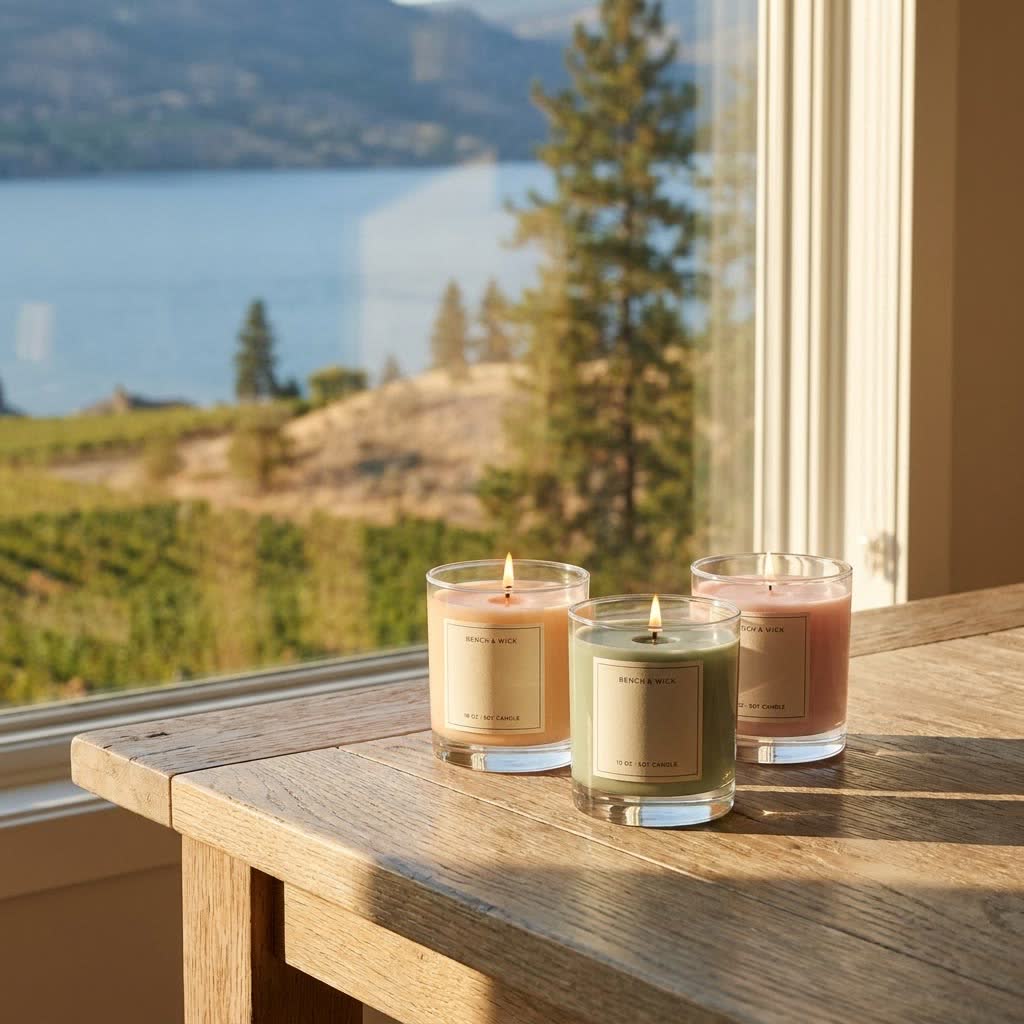 Bench & Wick candles in tins and jars on a wooden table