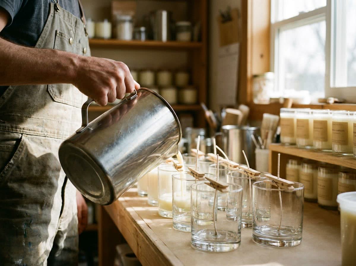 Candles being poured by hand in the studio