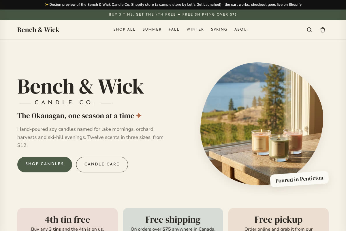 Bench & Wick Candle Co. sample storefront with soy candles in tins and jars